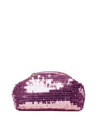 Borsa a tracolla a forma arrotondata, con zip, rivestita di paillettes viola e rosa in gradiente, caratterizzata da una superficie testurizzata che riflette luci scintillanti.