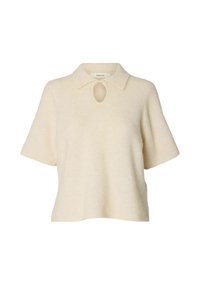 Béžová pletená polokošile s krátkými rukávy a límečkem polokošile, s průstřihem u krku. Měkká textura a uvolněný střih.