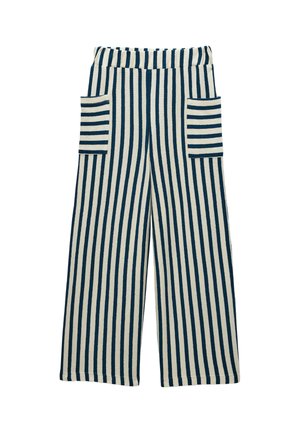 Pantalon large avec des rayures verticales bleu marine et blanches, avec deux poches plaquées à rayures horizontales sur les côtés avant.