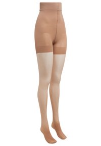 Beige sukkahousut, joissa on korkea vyötärö, sileä pinta ja vahvistetut varvassektiot. Yläreunassa on läpikuultava pinta.