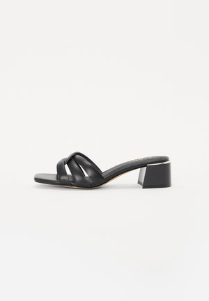 Mules de cuero negro con tacón, que presentan una punta cuadrada, tiras entrelazadas, tacón bajo y textura suave con un acabado brillante en el tacón.