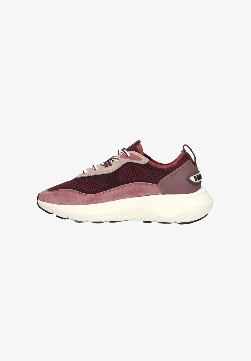 Athletic shoe with a maroon suede upper, mesh detailing, and a thick white midsole. Features grey accents and a pull tab at the heel.