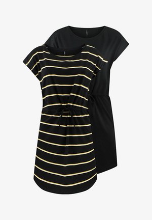 Twee T-shirts: één zwart, één zwart met gele en witte horizontale strepen. Beide hebben een ronde halslijn en een koord in de taille.