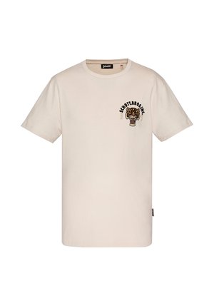Beige T-shirt met korte mouwen en ronde hals, kleine tijgerkopgrafiek en tekst "SCHOTT BROS INC" op de linkerborst.