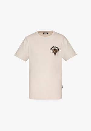 Beige T-shirt med korte ærmer og rund hals, lille tigerhovedgrafik og teksten "SCHOTT BROS INC" på venstre bryst.