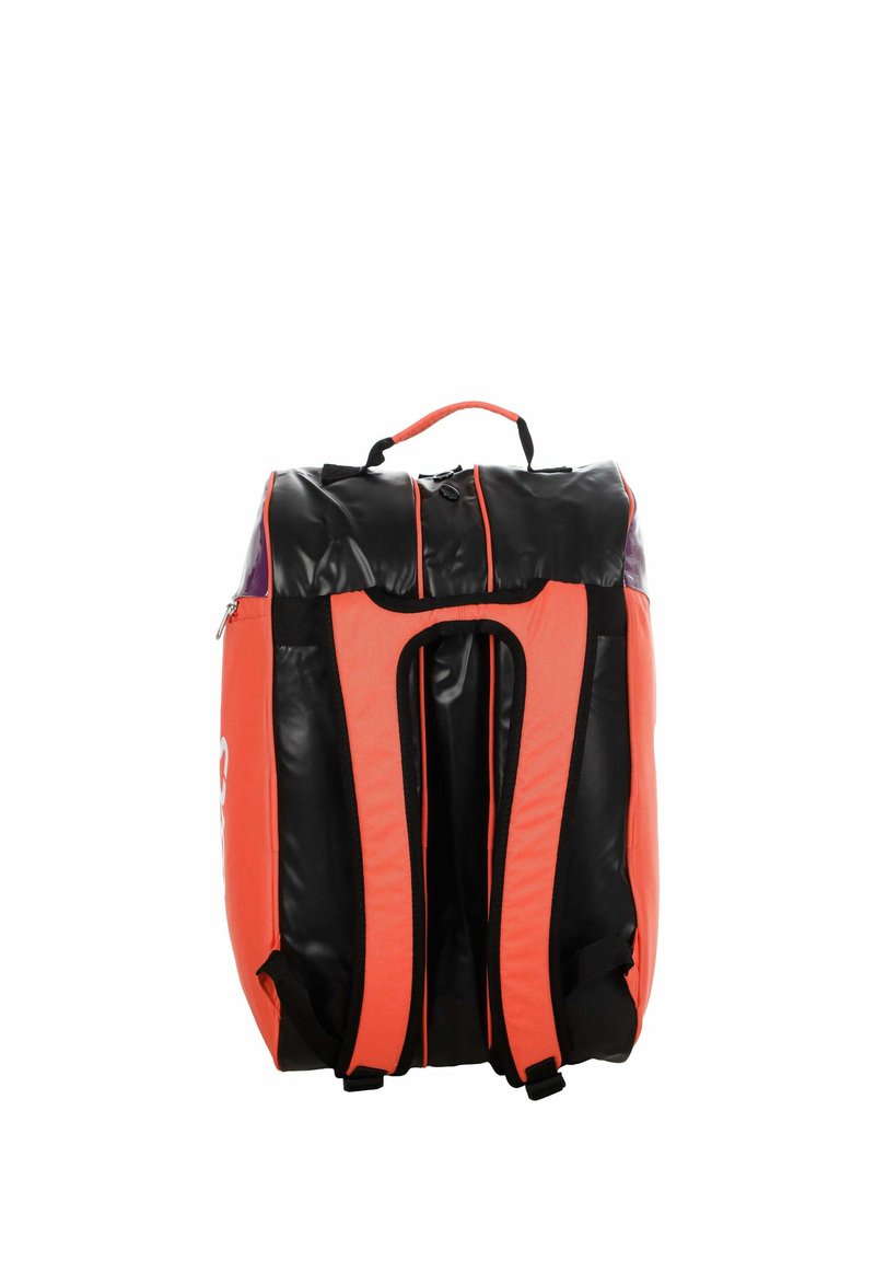 Black and orange backpack with padded shoulder straps and top handle, standing upright against a white background.