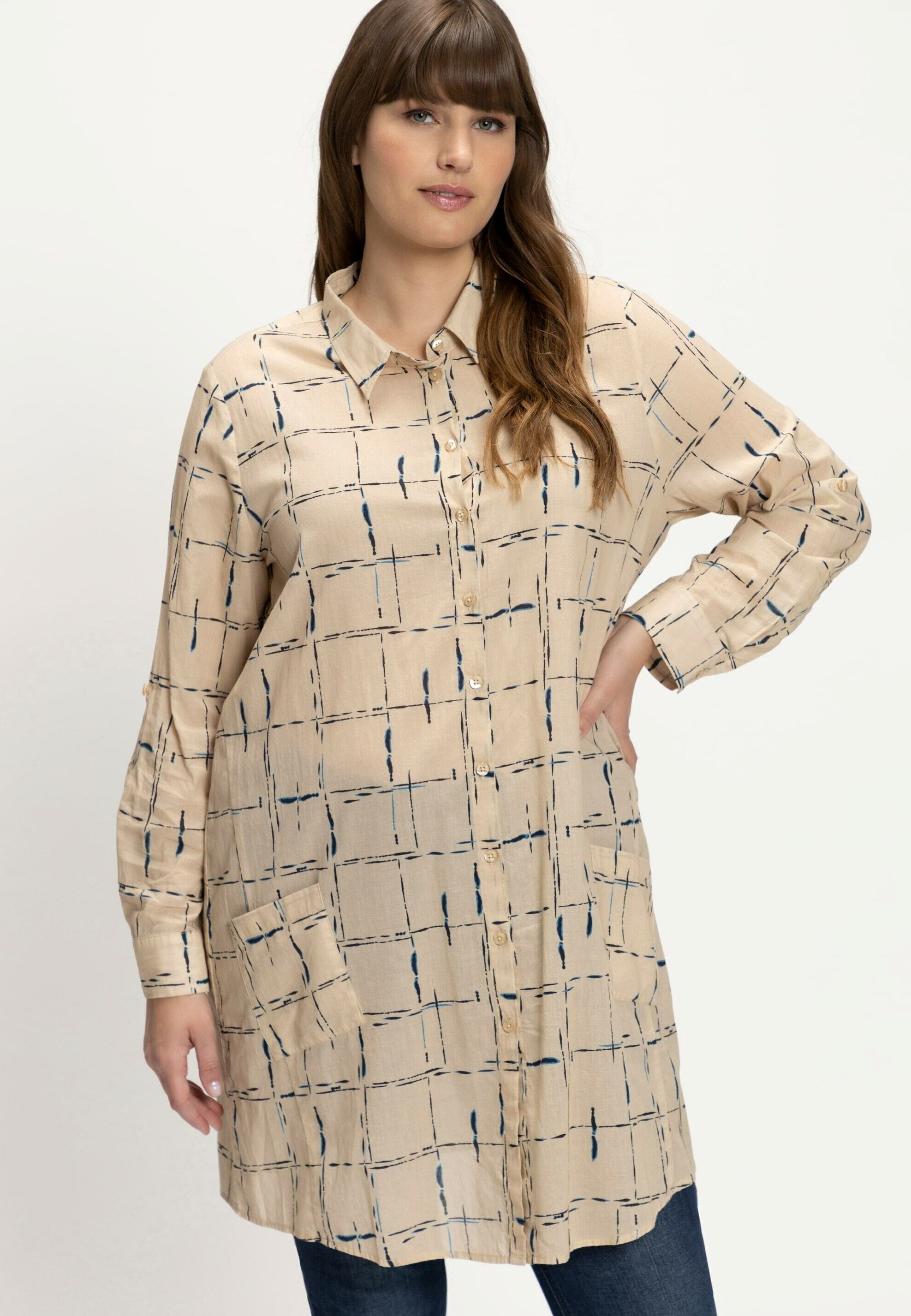 Ulla Popken Damen Nachthemd Langarm - Satin Nachthemd Mit Kragen & Knopfleiste