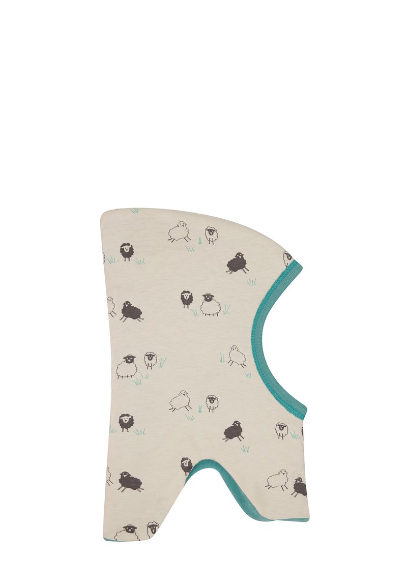 Cappellino per bebé in cotone con base beige chiaro e stampa di pecore e pulcini. Rifinito in teal, con una forma arrotondata e apertura per il viso.