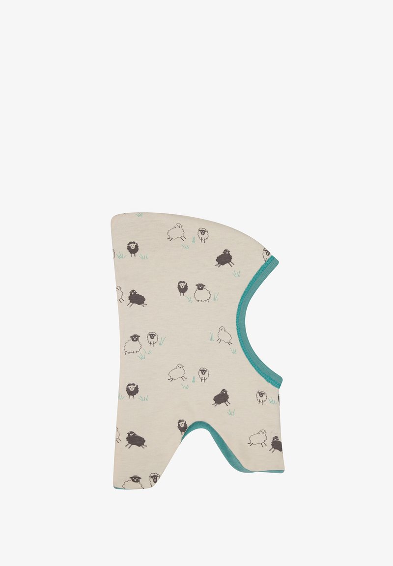 Cappellino per bebé in cotone con base beige chiaro e stampa di pecore e pulcini. Rifinito in teal, con una forma arrotondata e apertura per il viso.