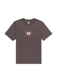 Camiseta de manga corta gris oscuro hecha de algodón, con un logotipo central que lleva el texto "ELEMENT SKATE CO." y elementos gráficos circulares.