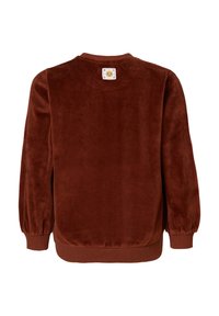 Brun velour sweatshirt med långa ärmar, ribbade cuffs och nederkant, samt en logopatch på ryggen. Mjuk textur med en enkel, avslappnad passform.