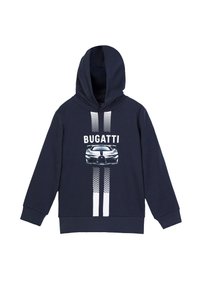Felpa blu navy realizzata in misto cotone. Presenta una grafica frontale di un'auto con la scritta "BUGATTI". Strisce verticali bianche con motivi a scacchi.