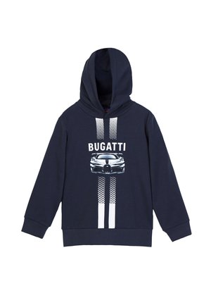 Navyblauer Hoodie aus Baumwollmischung. Mit einem Frontgrafik eines Autos und dem Wort "BUGATTI." Vertikale weiße Streifen mit Schachmuster.