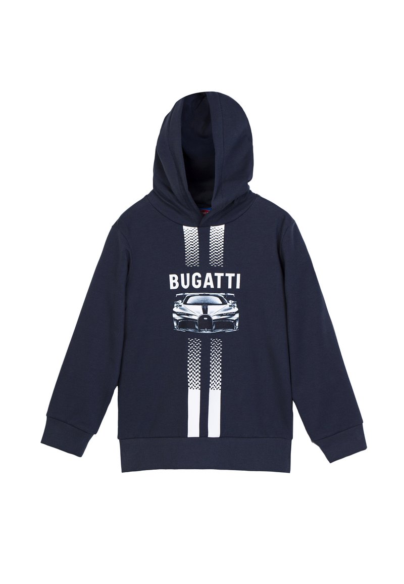 Felpa blu navy realizzata in misto cotone. Presenta una grafica frontale di un'auto con la scritta "BUGATTI". Strisce verticali bianche con motivi a scacchi.