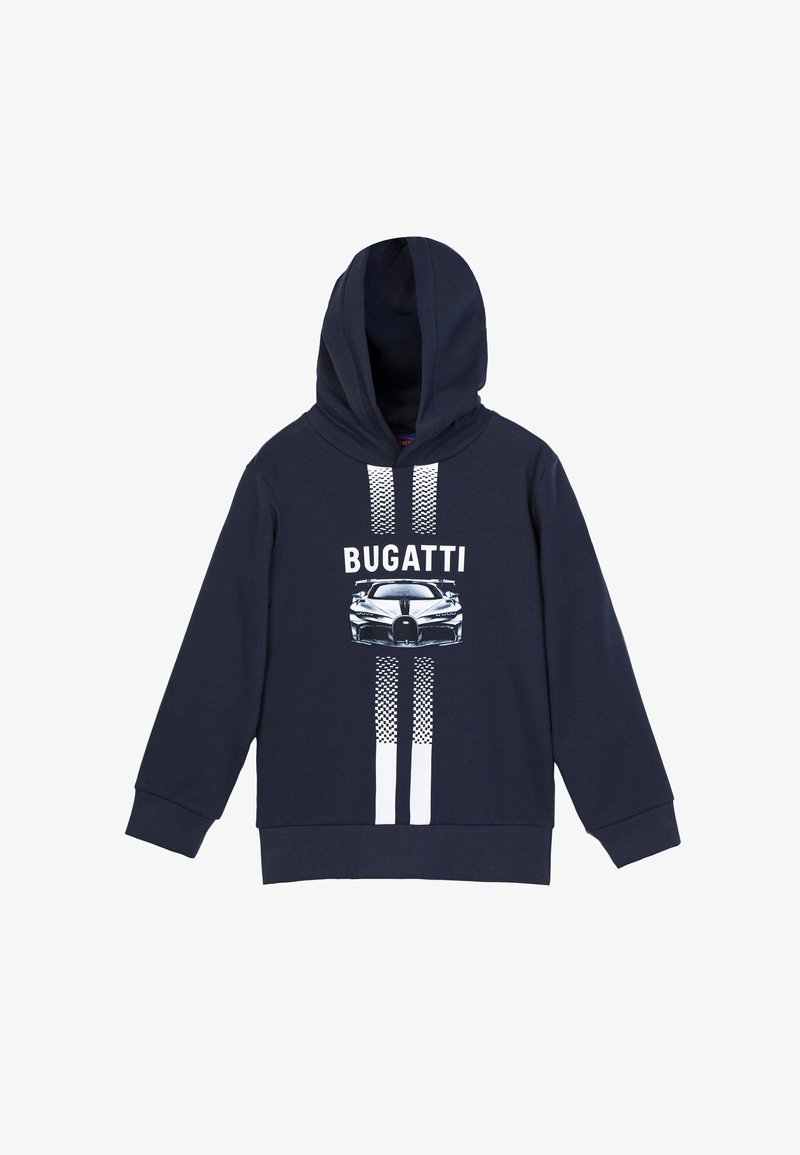 Felpa blu navy realizzata in misto cotone. Presenta una grafica frontale di un'auto con la scritta "BUGATTI". Strisce verticali bianche con motivi a scacchi.