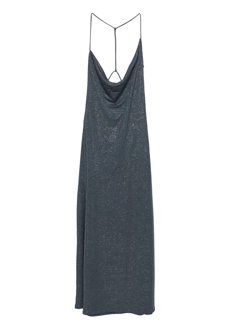 Ärmelloses, knöchellanges Kleid in dunklem petrol mit einem glänzenden, strukturierten Stoff. Es hat einen Schalkragen und dünne, überkreuzte Rückenträger.