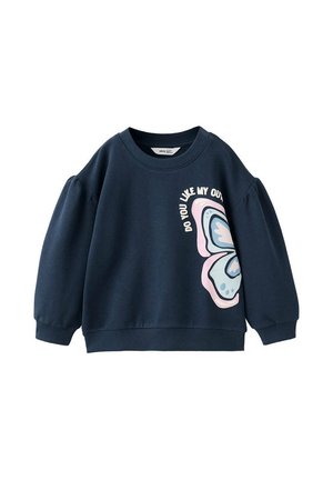 Sweat-shirt bleu marine à manches longues avec un motif papillon rose et bleu et le texte "DO YOU LIKE MY OUT" sur le côté droit à l'avant.