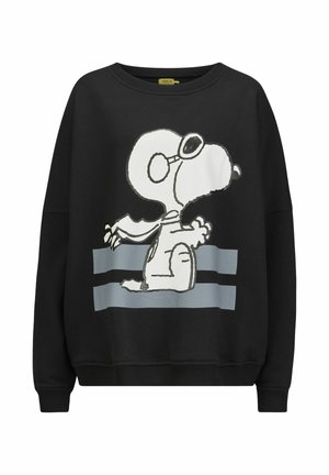 Sweat-shirt noir arborant un graphique de Snoopy en blanc avec des lunettes de soleil. Comprend des rayures grises horizontales en bas. Matériau doux, coupe décontractée.