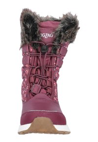 Paarse waterdichte winterlaars met bloemenpatroon, faux fur rand bij de kraag, vetersluiting en een gestructureerde rubberen zool.