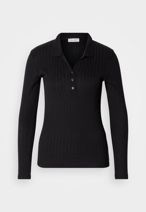 Polo preto de manga longa feito de tecido canelado, com gola, fecho de três botões e design ajustado.