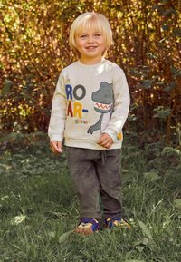Grijze sweatshirt met kleurrijke tekst "ROAR-some" en een dinosaurusafbeelding, gecombineerd met groene corduroypantalons en blauwe schoenen met cartoonaccenten.