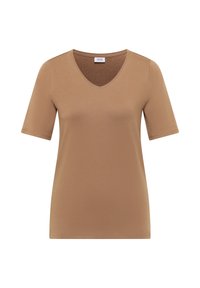 T-shirt en coton à manches courtes, couleur marron clair, col en V, avec une petite étiquette blanche à l’intérieur de l’encolure indiquant "CECIL."