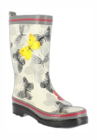 Witte rubberen regenlaars met een patroon van grijze en gele vlinders, grijze bovenrand, rode streep en een getextureerde zwarte zool voor grip.