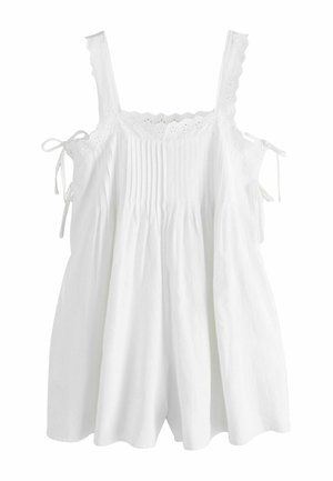 Biele šaty bez rukávov s čipkovým lemovaním, plisovaným živôtikom a bočnými šnúrkami, s voľnou, prúdiacou sukňou.