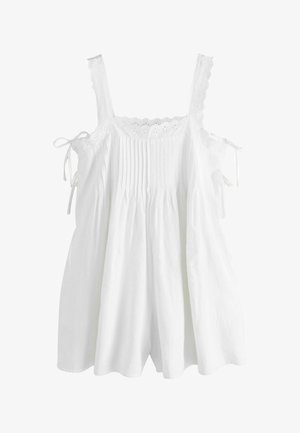 Valge varrukateta kleit pitsiga ääristatud, volditud korsetiosaga ja külgedel sõlmedega, millel on lahtine, voogav seelik.