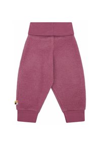 Pantaloni in pile rosa con una texture morbida, vita e polsini a coste. Presenta un piccolo etichetta multicolore sul lato.