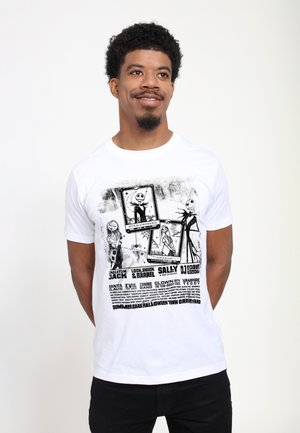 White cotton t-shirt featuring black graphic print of characters and text from "The Nightmare Before Christmas," including Jack and Sally.