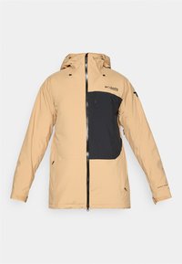Beige vanntett jakke med sort brystpanel, full glidelås foran, hette og justerbare mansjetter. Har logo på øvre venstre side.