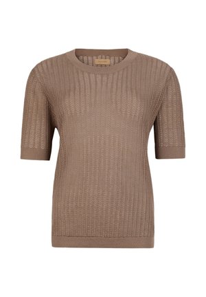 Brun stickad kortärmad tröja med en strukturerad, ribbad mönstring, rund halsringning och solid nederkant vid ärmar och botten.