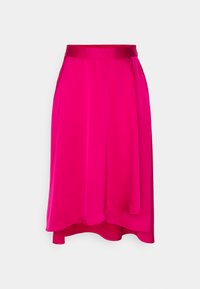 Fuchsia A-linjeet falde laget av glatt stoff, med elastisk midjebånd og ujevn kant, som skaper en flytende silhuett.