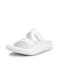 Hvite sandaler med to justerbare borrelåsremmer, teksturert indre overflate, avrundet tå og en formet såle for komfort.
