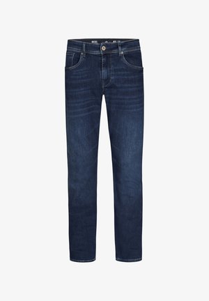 Dunkelblaue Jeans aus Denim mit geradem Bein, ausgestattet mit fünf Taschen und subtiler Ausbleichung. Metallknopf und Reißverschluss am Bund.