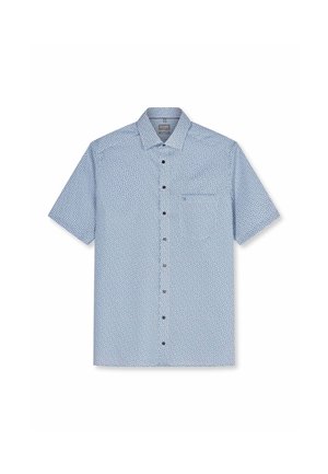 Camicia azzurra a maniche corte con piccolo motivo geometrico, colletto appuntito e taschino sul petto.