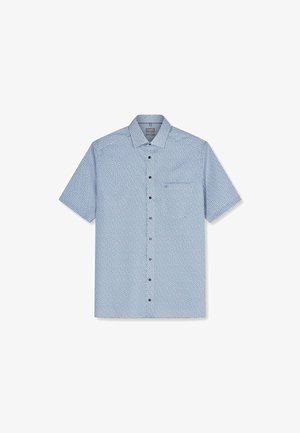 Camicia azzurra a maniche corte con piccolo motivo geometrico, colletto appuntito e taschino sul petto.