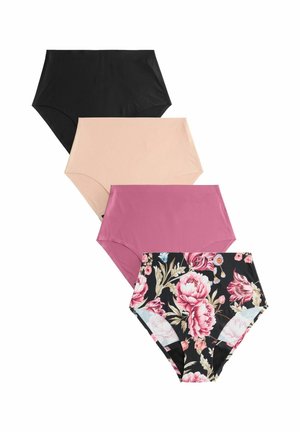 Set med fyra par damunderbyxor: svart, nude, rosa och blommig med rosa pioner på svart bakgrund. Mjuk tyg, högmidjad design.