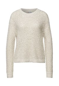 Pullover di maglia beige chiaro con scollatura rotonda a costine e maniche lunghe, caratterizzato da un motivo testurizzato su tutta la superficie e una vestibilità leggermente cropped.