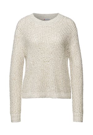 Pullover di maglia beige chiaro con scollatura rotonda a costine e maniche lunghe, caratterizzato da un motivo testurizzato su tutta la superficie e una vestibilità leggermente cropped.