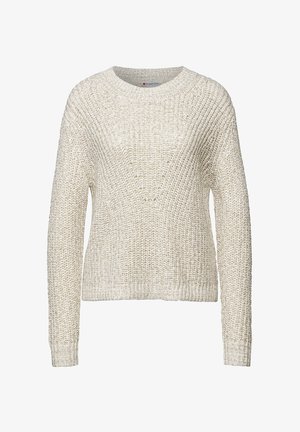 Pullover di maglia beige chiaro con scollatura rotonda a costine e maniche lunghe, caratterizzato da un motivo testurizzato su tutta la superficie e una vestibilità leggermente cropped.