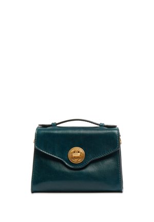 Borsa a mano in pelle verde petrolio scuro con manico superiore e chiusura a leva circolare dorata sulla pattina frontale.