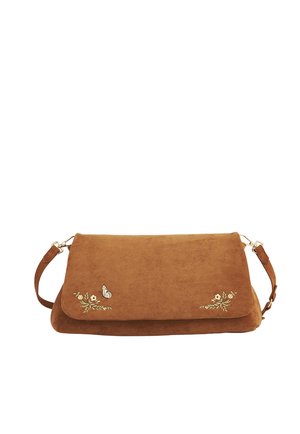 Brown suede clutch bag with detachable strap, featuring small floral embroidery and a butterfly detail on the front flap.