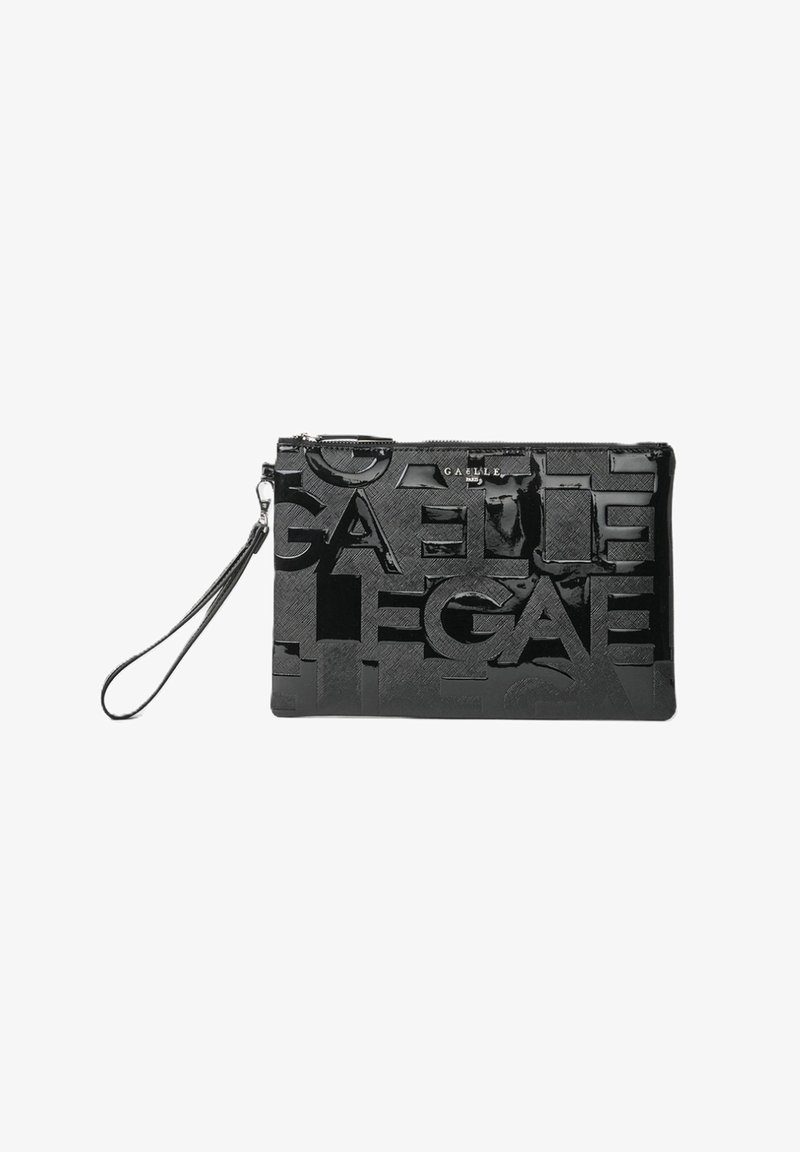 Borsa a mano nera in pelle lucida testurizzata, con lettering impresso e una tracolla. Chiusura con zip nella parte superiore per un accesso sicuro.