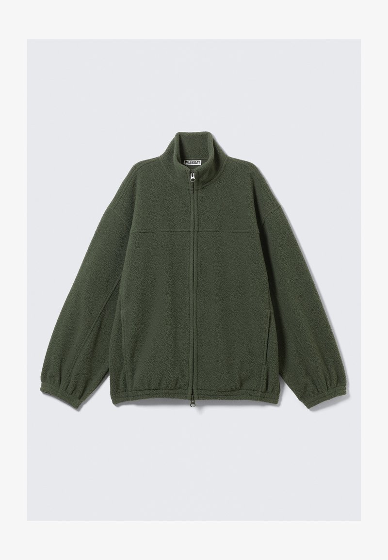 Dunkelgrüne Fleecejacke mit hohem Kragen, durchgehendem Reißverschluss vorne und elastischen Bündchen. Verfügt über ein zweifarbiges Design mit strukturierter Oberfläche.