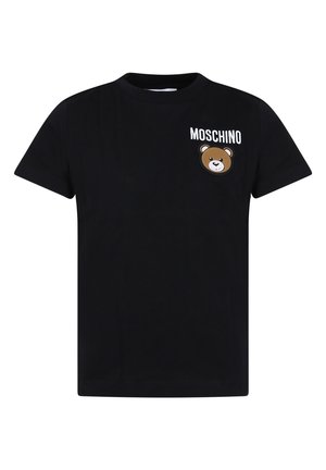 Schwarzes T-Shirt mit kurzen Ärmeln, einem kleinen Teddybär-Gesicht und dem Text "MOSCHINO" oben links auf der Brust.