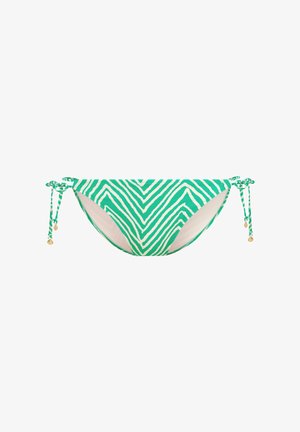 Bikini inferior a rayas verde y blanca con lazos a los lados, que presenta detalles dorados y una textura suave.