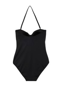 Maillot de bain une pièce noir au design épuré, avec des bonnets moulés, des fines bretelles réglables et un tissu lisse et extensible.