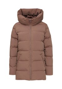 Brown puffer jacket with a high collar, quilted design, and zippered front. Features two side pockets and a logo on the chest.